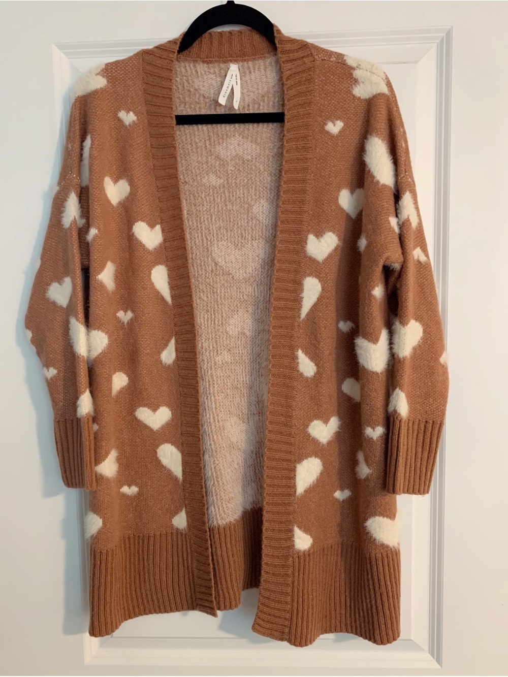 Dreamers Open-Front Heart Print Cardigan - Brown & White